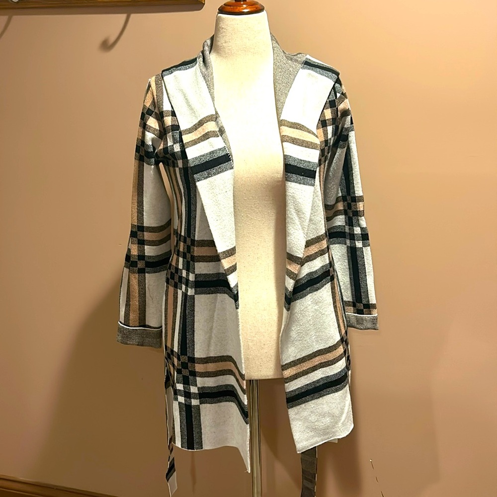 Christian Siriano NY, hooded long plaid cardigan jacket, size S